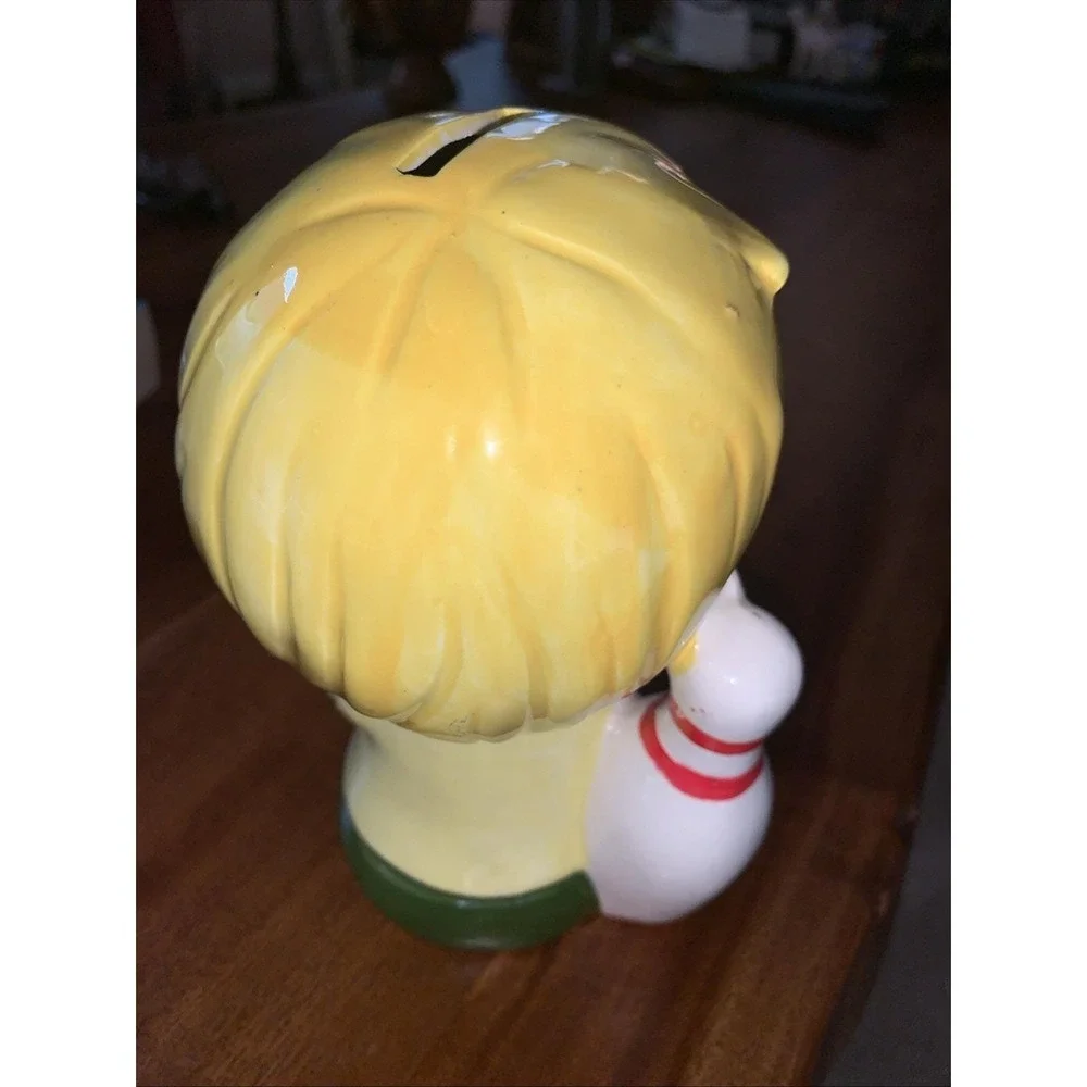 Vintage Japan Kitschy Boy w/Bowling Ball Pin Ceramic Still Bank Japan